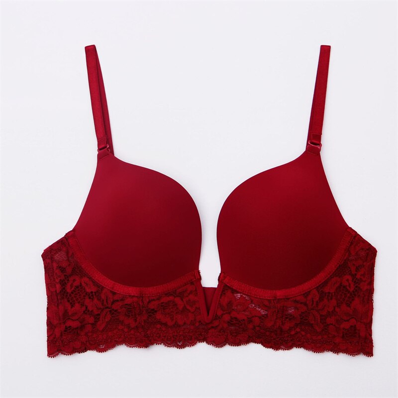 Prodotti Reggiseno sexy francese V profondo senza cuciture Intimo da donna Reggiseno push up con ricamo in pizzo Reggiseno senza schienale con cinturino staccabile estivo