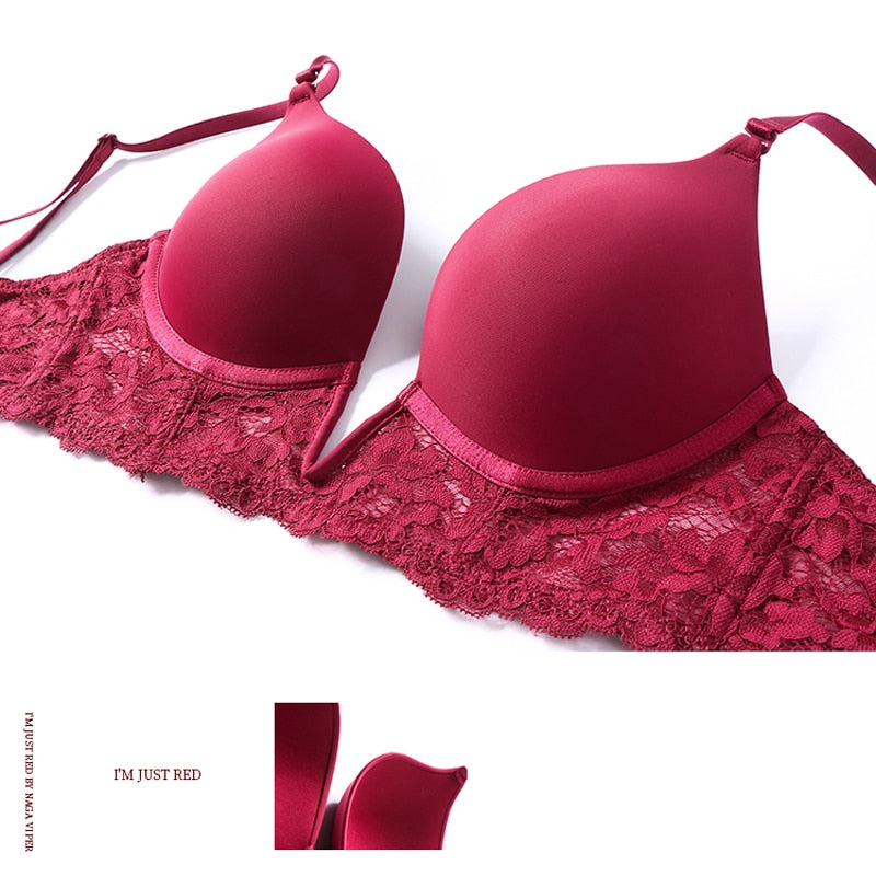 Prodotti Reggiseno sexy francese V profondo senza cuciture Intimo da donna Reggiseno push up con ricamo in pizzo Reggiseno senza schienale con cinturino staccabile estivo