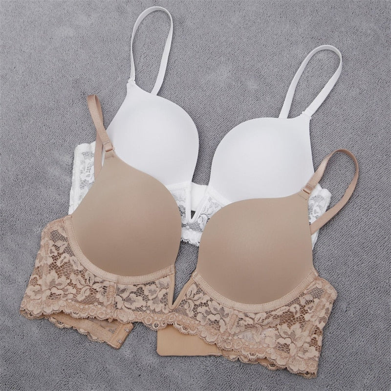 Prodotti Reggiseno sexy francese V profondo senza cuciture Intimo da donna Reggiseno push up con ricamo in pizzo Reggiseno senza schienale con cinturino staccabile estivo