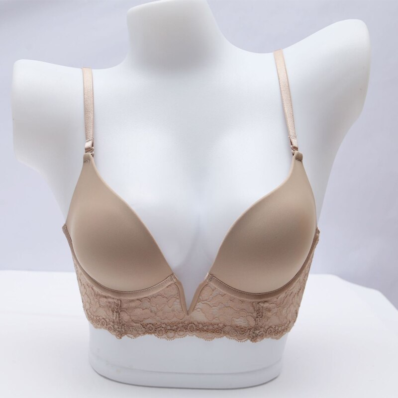 Prodotti Reggiseno sexy francese V profondo senza cuciture Intimo da donna Reggiseno push up con ricamo in pizzo Reggiseno senza schienale con cinturino staccabile estivo