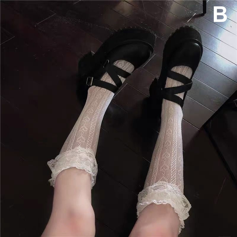 Prodotti Calzini al ginocchio a coscia alta in pizzo bianco e nero Lolita Calze da donna stile college giapponese in pizzo a tubo lungo carino