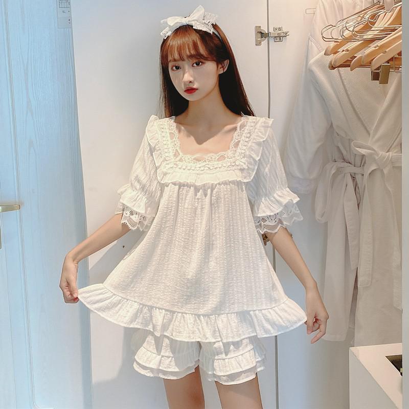 Nuova versione coreana di Bubble Cotton Garze Ladies' Il pigiama della corte ha messo gli indumenti da notte degli indumenti da notte del vestito da pigiama del merletto adorabile degli indumenti da notte 2PCS