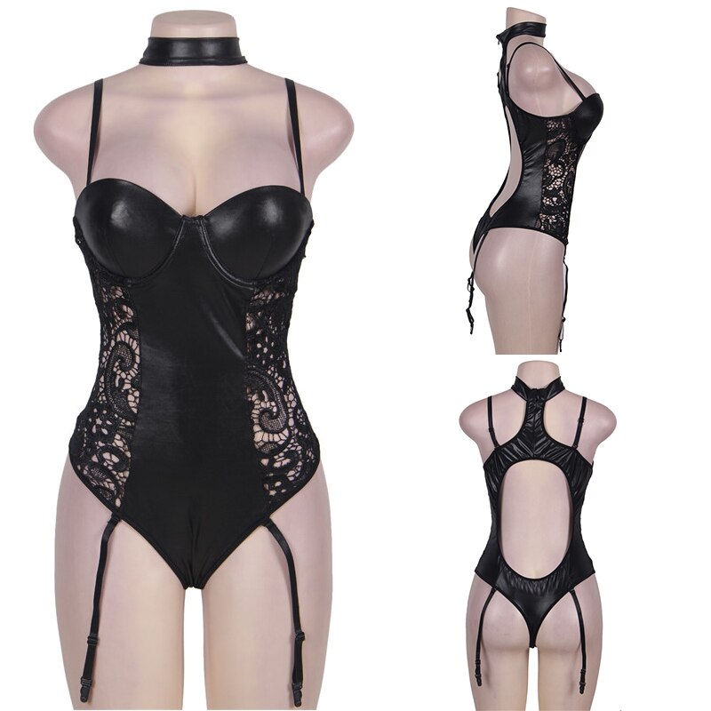 Prodotti Comeonlover Patchwork Giarrettiera in pizzo Orsacchiotti Lingerie Donna esotica Tuta in pelle Halter Backless Sexy Catsuit Tuta RI80384