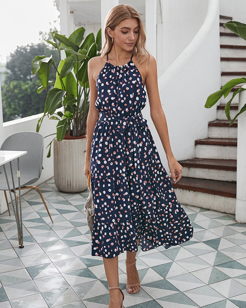 Prodotti Deenor The New WOMEN Summer Polka Dot Sling Holiday Casual Dress Alla moda senza maniche Bohemian alla caviglia