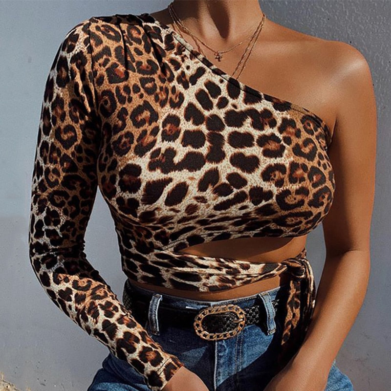 Prodotti Donna Leopred Prined Wild Sexy Crop Top monospalla Scava fuori L'ombelico scoperto Pullover con lacci Top aderente Casual Streetwear