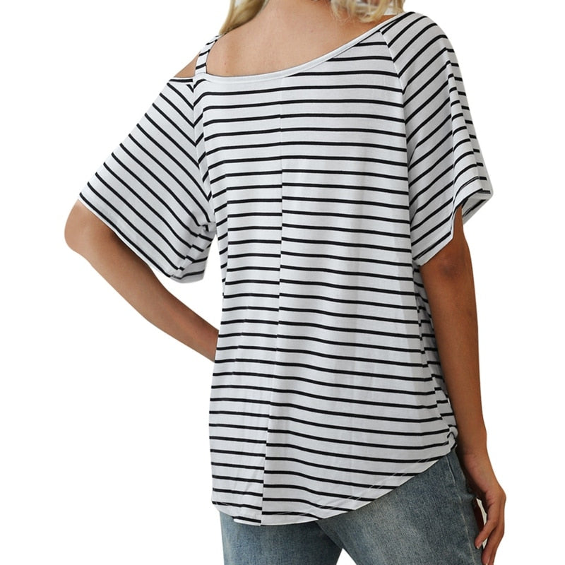 T-shirt a righe casual moda estiva da donna con colletto obliquo e maniche corte a nodo largo