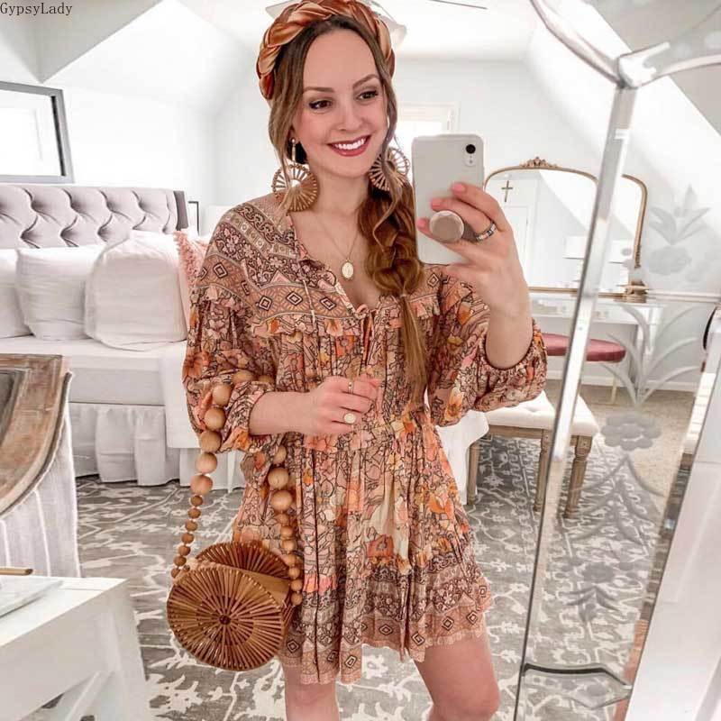 Prodotti GypsyLady blush florla stampa volant abiti estivi manica lunga plissettata abito donna elastico mini gypsy boho dress chic vestido