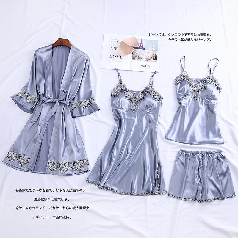 Prodotti 4PCS Satin Sleepwear Lady Pigiama Suit NightyRobe Set Sexy Intimo Lingerie Casual Regalo di nozze da sposa Homewear Camicia da notte