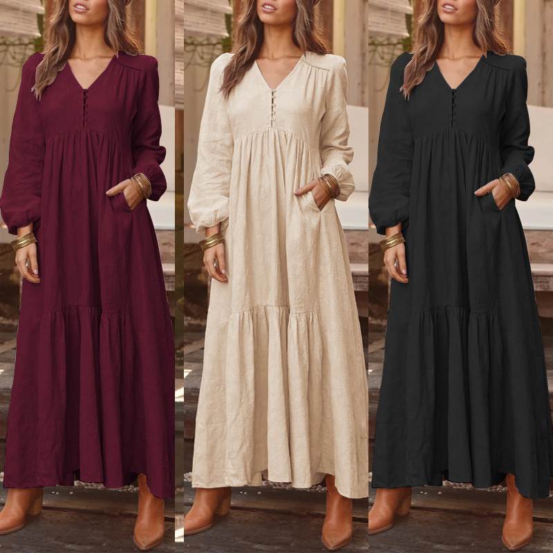 Abito camicia bohemien Maxi vestito estivo da donna ZANZEA 2023 Primavera elegante casual con scollo a V Ruflle Vestido Abito da donna a maniche lunghe