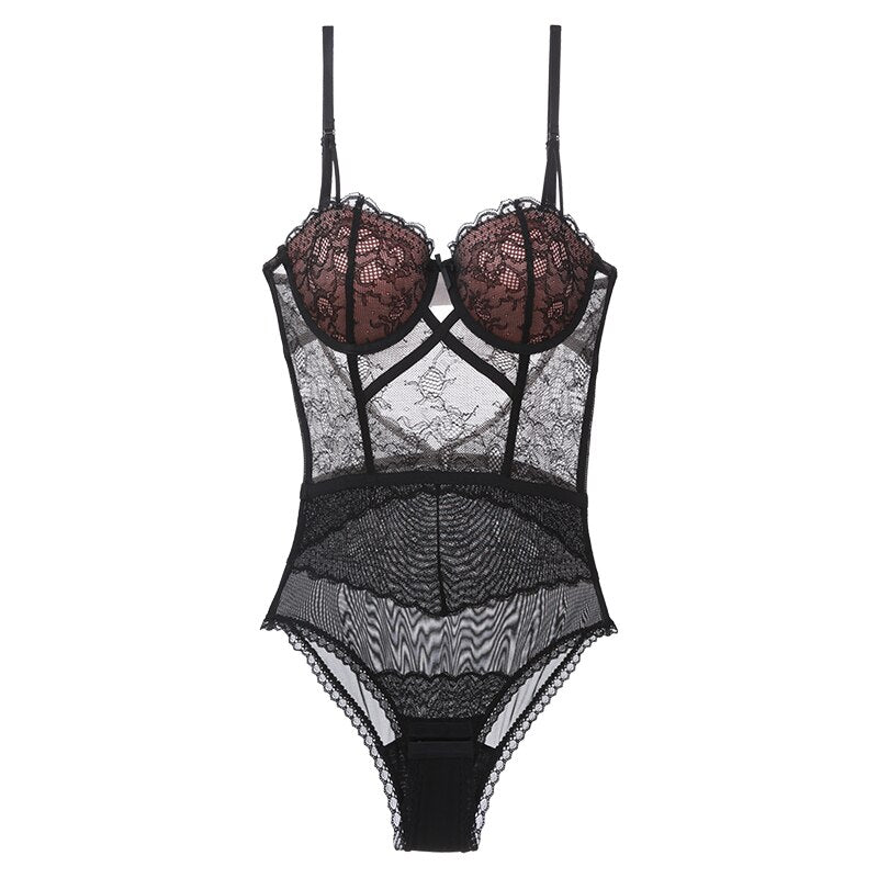 Body in pizzo sexy di alta qualità Nuove donne Reggiseno push-up Set Shapewear Classico nero trasparente aderente intimo Onesies