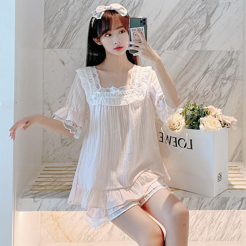 Nuova versione coreana di Bubble Cotton Garze Ladies' Il pigiama della corte ha messo gli indumenti da notte degli indumenti da notte del vestito da pigiama del merletto adorabile degli indumenti da notte 2PCS