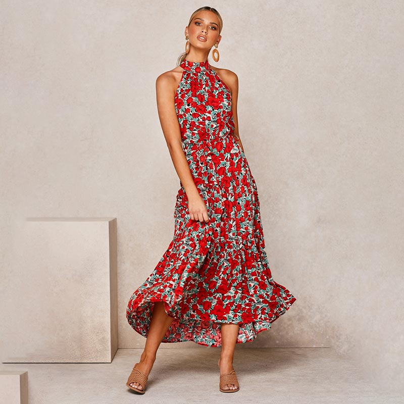 OUSLEE Summer Casual Long Dress Boho Style Halter Polka Dot Abiti Donna Elegante Party Print Maxi Abiti Donna Abiti Mujer