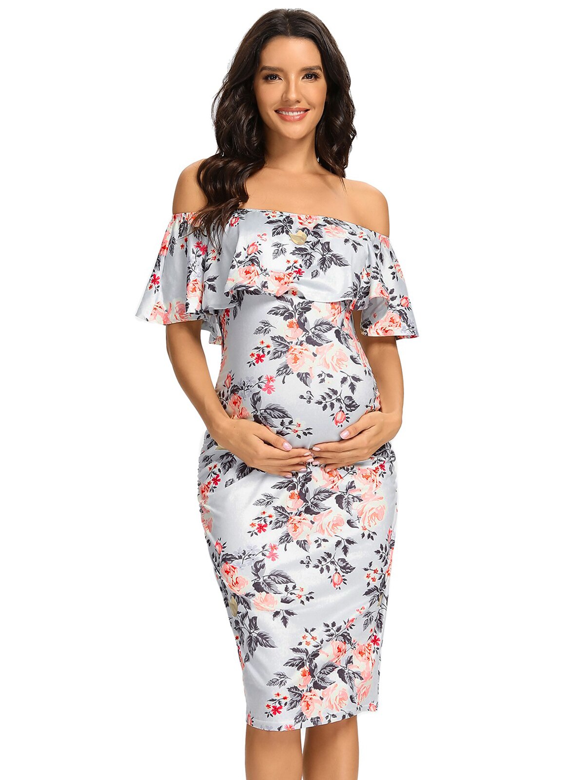 Liu&Qu Abito premaman da donna con spalle scoperte Abito aderente senza maniche con volant Elegante abito aderente con increspature laterali per baby shower