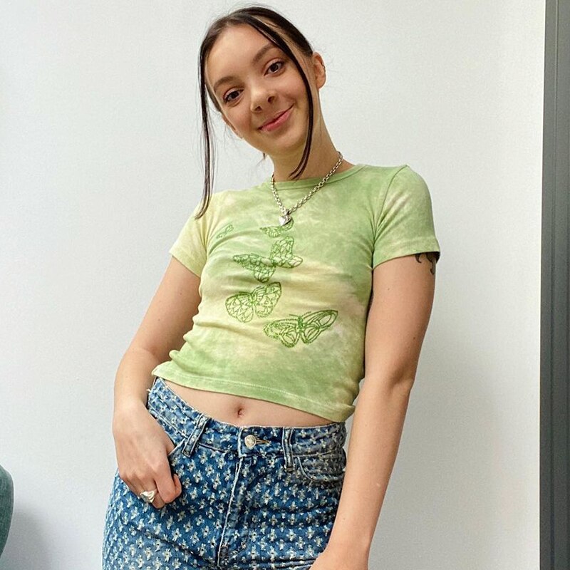 Tie Dye Butterfly Print Casual Green Crop Top T-shirt da donna Harajuku Basic T-shirt a maniche corte Camicia girocollo skinny Iamhotty