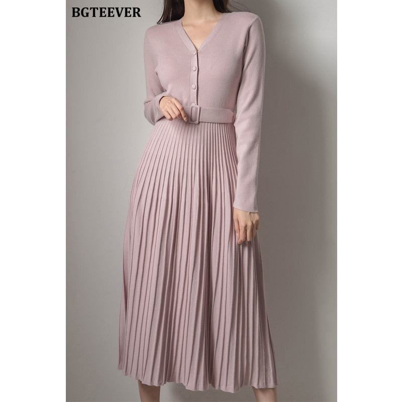 BGTEEVER Elegante scollo a V monopetto da donna addensato maglione vestito 2021 autunno inverno lavorato a maglia con cintura femminile abiti morbidi a-line