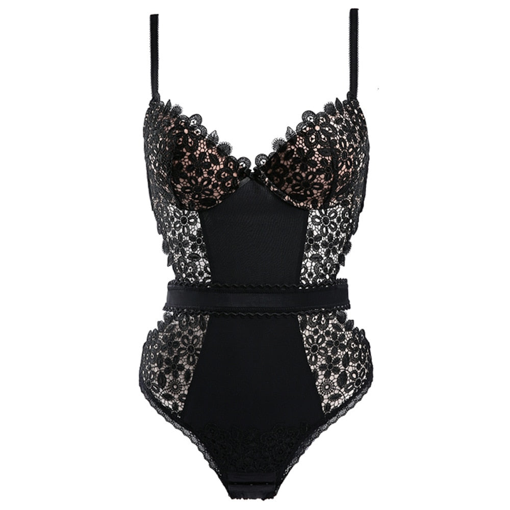 Prodotti Reggiseno push-up francese in pizzo con body sexy francese Set moda Black Temptation Bodycon Intimo da donna con ricamo Intimo da notte Onesies