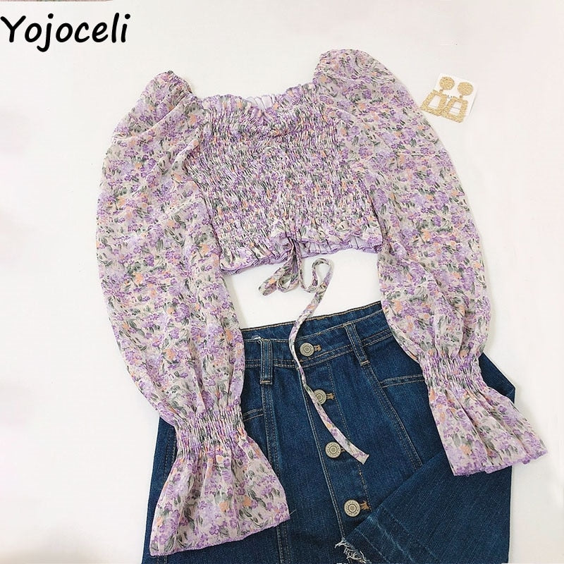 Prodotti Yojoceli Sexy camicetta in chiffon con stampa pieghettata da donna Autunno spiaggia casual short crop top femminile Camicetta elegante con volant