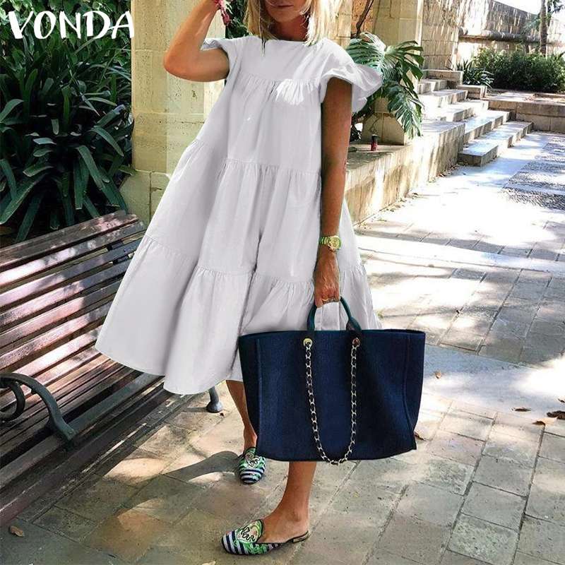 Prodotti Vestito da estate 2023 VONDA Estate Delle Donne Vestito Estivo Holiay Vintage Increspato Abiti Da Sera Del Partito Casual Abiti Femme Robe