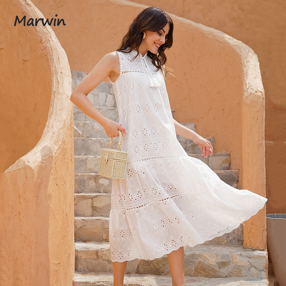 Prodotti Marwin Lungo Semplice Casual Solido Scava Fuori Puro Cotone Stile Vacanza Vita Alta Moda Abiti Estivi a Metà Polpaccio NUOVI Vestidos