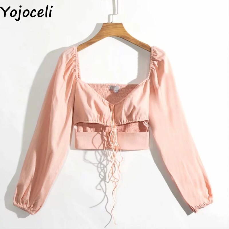 Yojoceli Camicetta corta con maniche a lanterna con lacci da donna Camicetta casual da festa elegante autunnale Carino top corto sexy femminile blusas chic