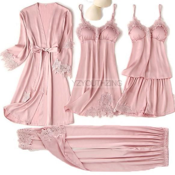 Prodotti 5PCS Robe Suit Satin Women Nightwear Pizzo Kimono Abito da sposa Accappatoio da sposa Set Pigiama sexy Scollo a V Sleepwear Lounge Lingerie