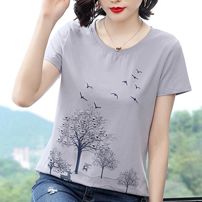 Stampa Ricamo T Shirt Donna 2022 Estate Magliette E Camicette Allentato T-Shirt In Cotone Abbigliamento Casual Maglietta Femminile Manica Corta Tee Shirt Femme