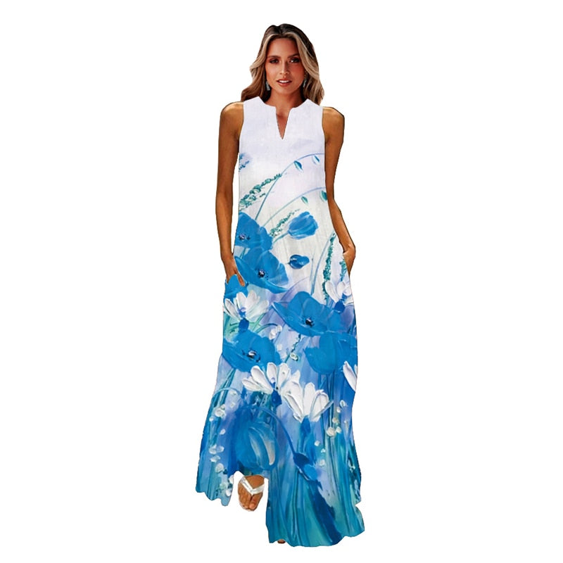 MOVOKAKA Abito lungo primavera estate Donna Elegante scollo a V Abiti casual da spiaggia con stampa tigrata Abiti vintage senza maniche