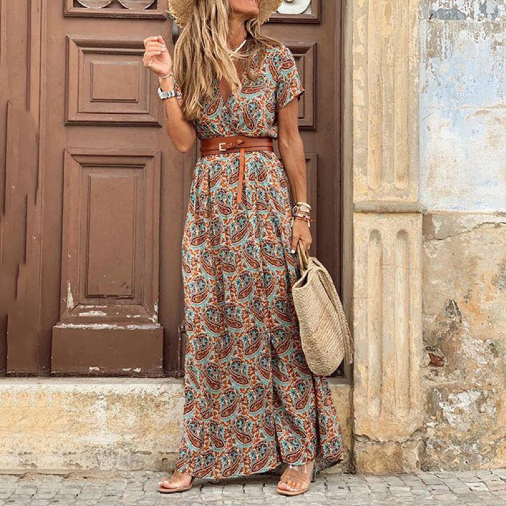 Prodotti VENDITA CALDA!! Boho Donna scollo a V manica corta stampa paisley cintura grande orlo spiaggia abito lungo abito stampa abito da spiaggia estivo con cintura