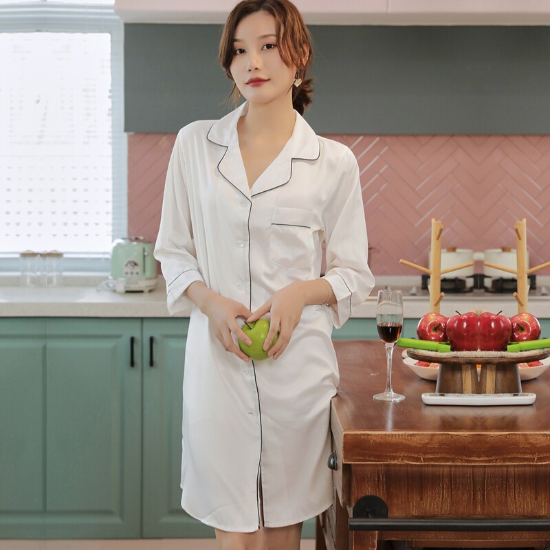 Prodotti Camicia Pigiama Vestaglie Bianco Donna Vestaglia con scollo a V Top Abito Camicia da notte Pigiameria estiva Colletto rovesciato Camicie da notte Abito Homewear