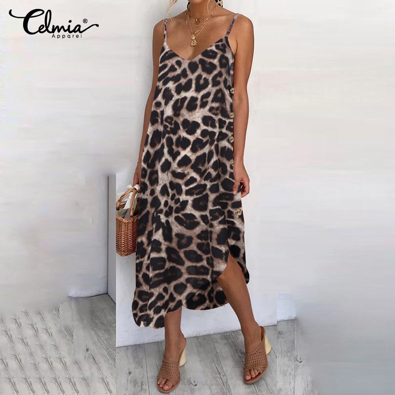 2023 Celmia Delle Donne Della Boemia Della Stampa Del Leopardo Midi Abiti Vestito Da Estate Sexy Senza Maniche Cinghie Bottoni Beach Robe Vestidos