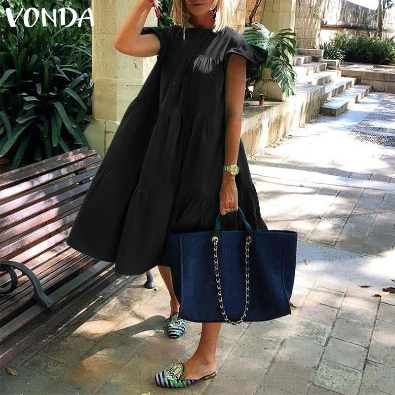 Prodotti Vestito da estate 2023 VONDA Estate Delle Donne Vestito Estivo Holiay Vintage Increspato Abiti Da Sera Del Partito Casual Abiti Femme Robe