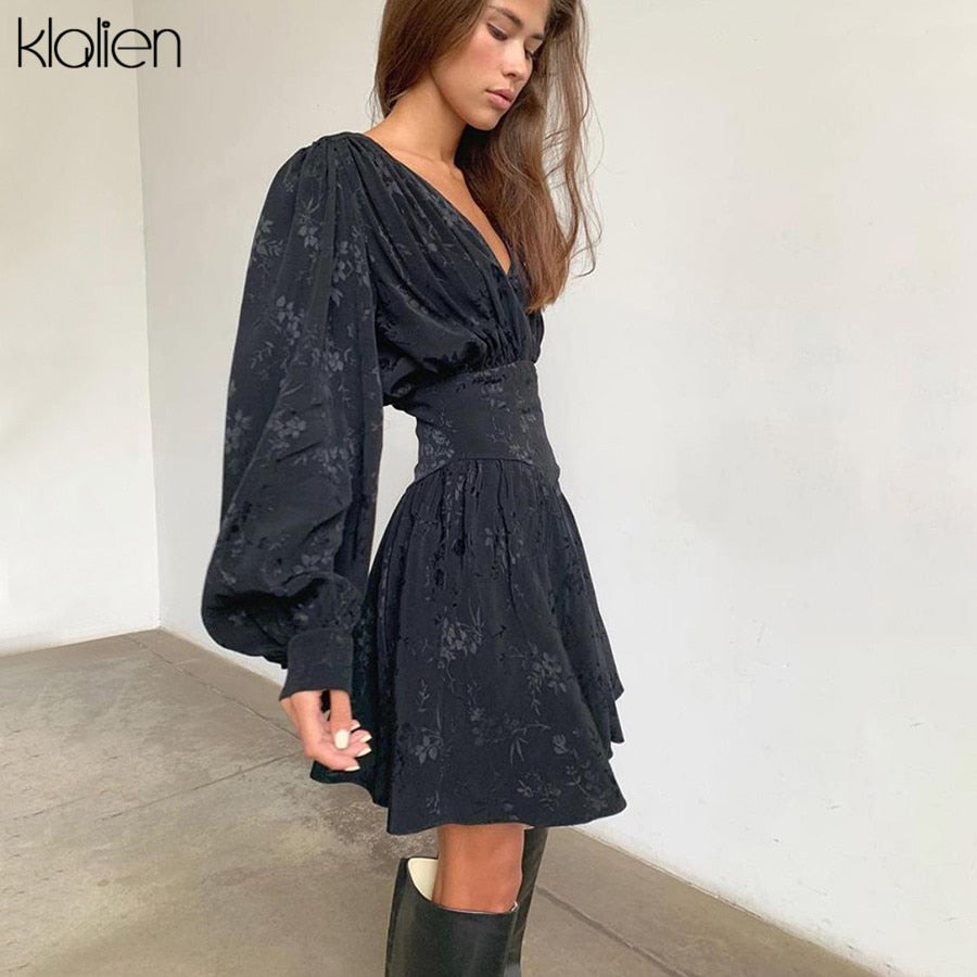 KLALIEN Moda Chiffon Nero Stampa Elegante Mini Abito Allentato Nuove Donne Lanterna Pieghettato Manica Lunga Abiti da Notte da Festa