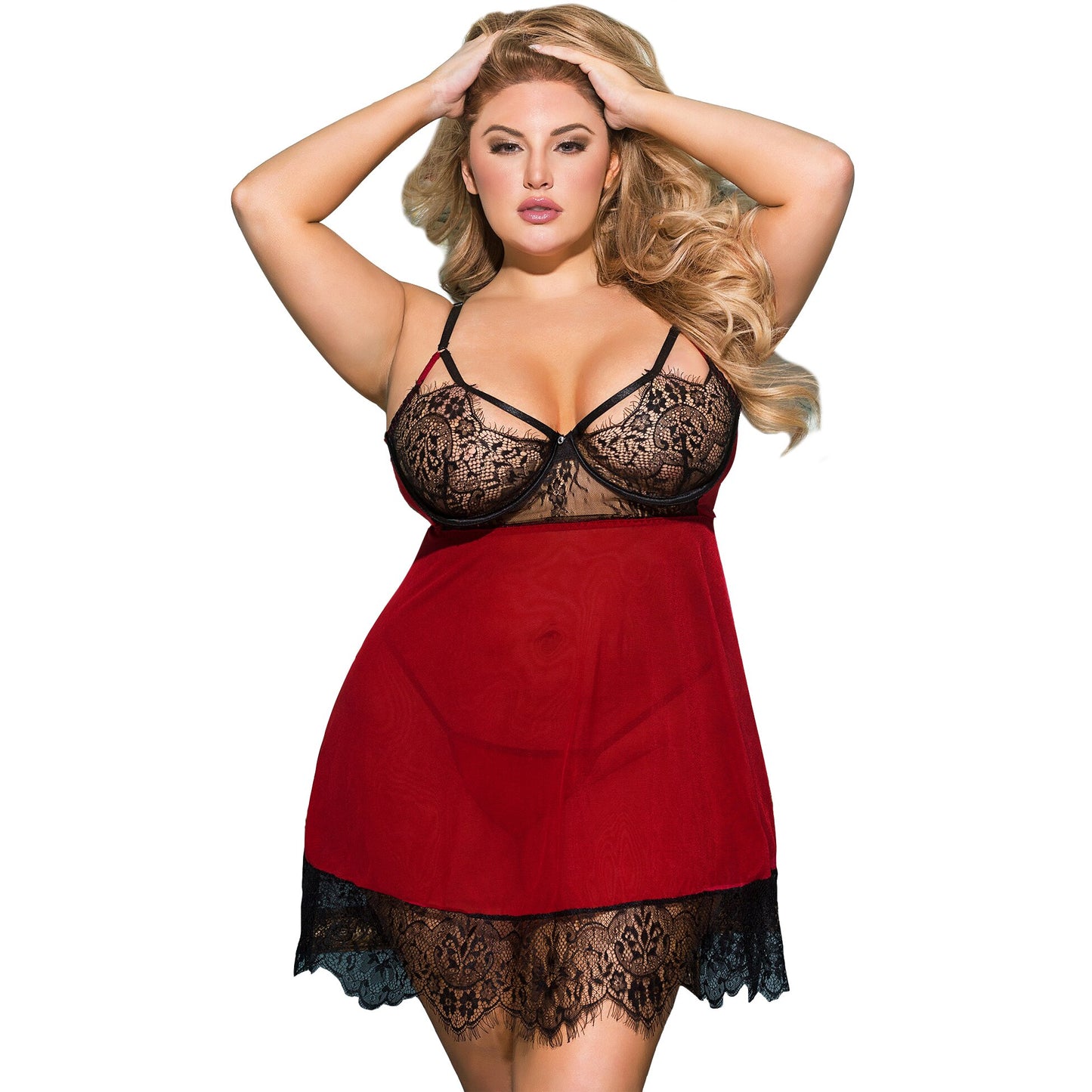 Comeonlover Plus Size Sexy 5XL Donna Lingerie di pizzo per ciglia Back Split Patchwork Cinturino per spaghetti Babydoll Set Perizoma perizoma