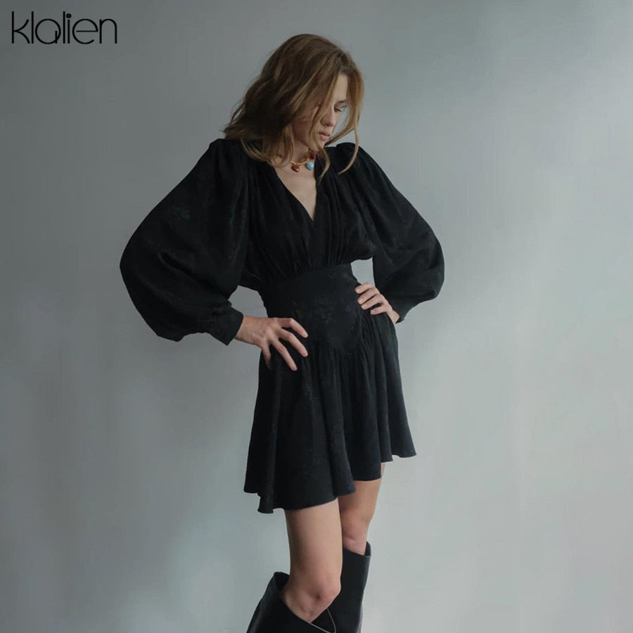 KLALIEN Moda Chiffon Nero Stampa Elegante Mini Abito Allentato Nuove Donne Lanterna Pieghettato Manica Lunga Abiti da Notte da Festa