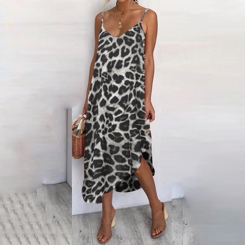 2023 Celmia Delle Donne Della Boemia Della Stampa Del Leopardo Midi Abiti Vestito Da Estate Sexy Senza Maniche Cinghie Bottoni Beach Robe Vestidos