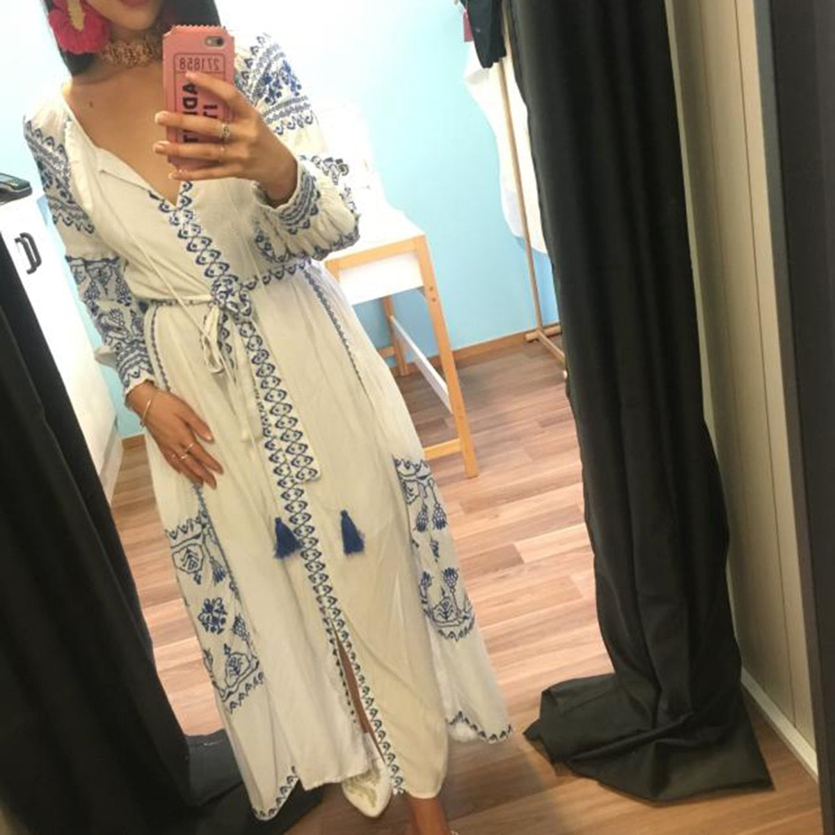 Prodotti Jastie Bahia Maxi Vestito Delle Donne di Estate Autunno Manica Lunga Ricamo Vintage Abito Lungo 2022 Boho Beach Hippie Abiti Allentati Mujer