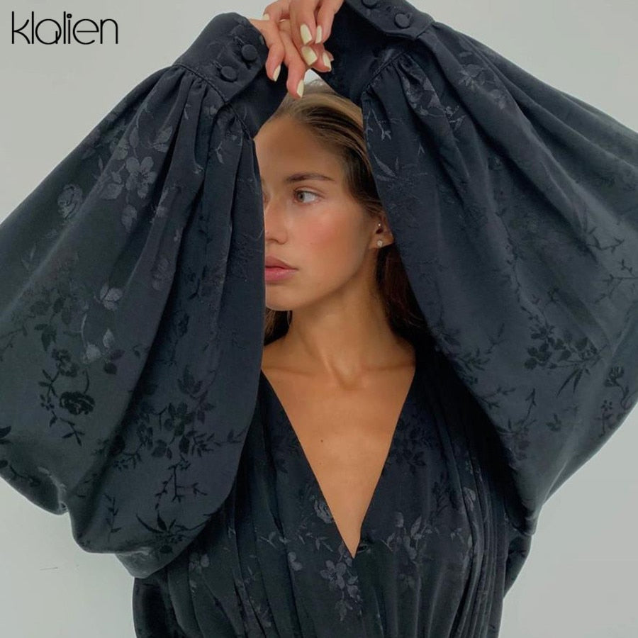 KLALIEN Moda Chiffon Nero Stampa Elegante Mini Abito Allentato Nuove Donne Lanterna Pieghettato Manica Lunga Abiti da Notte da Festa