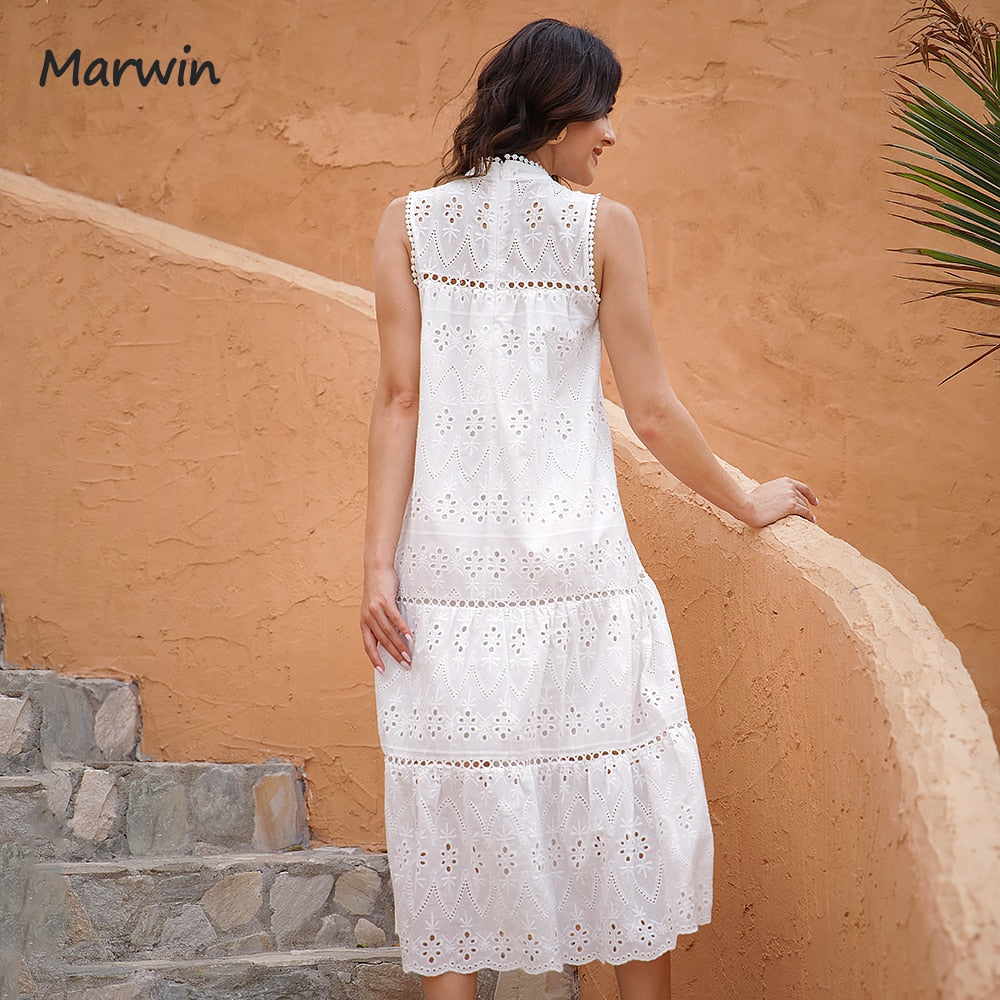 Prodotti Marwin Lungo Semplice Casual Solido Scava Fuori Puro Cotone Stile Vacanza Vita Alta Moda Abiti Estivi a Metà Polpaccio NUOVI Vestidos