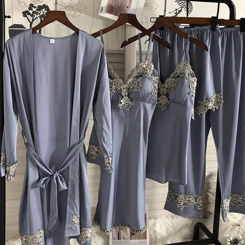 Prodotti Kimono femminile sexy Accappatoio Abito Camicia da notte in raso Abiti per la casa Pizzo setoso Patchwork Intimo Lingerie Camicia da notte Sleepwear