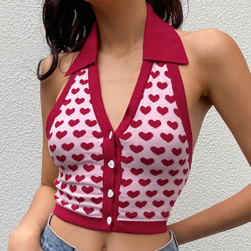 Prodotti Top senza maniche lavorato a maglia con stampa a cuore Canotte sexy da donna senza schienale Canottiera da donna Maglieria estiva Streetwear