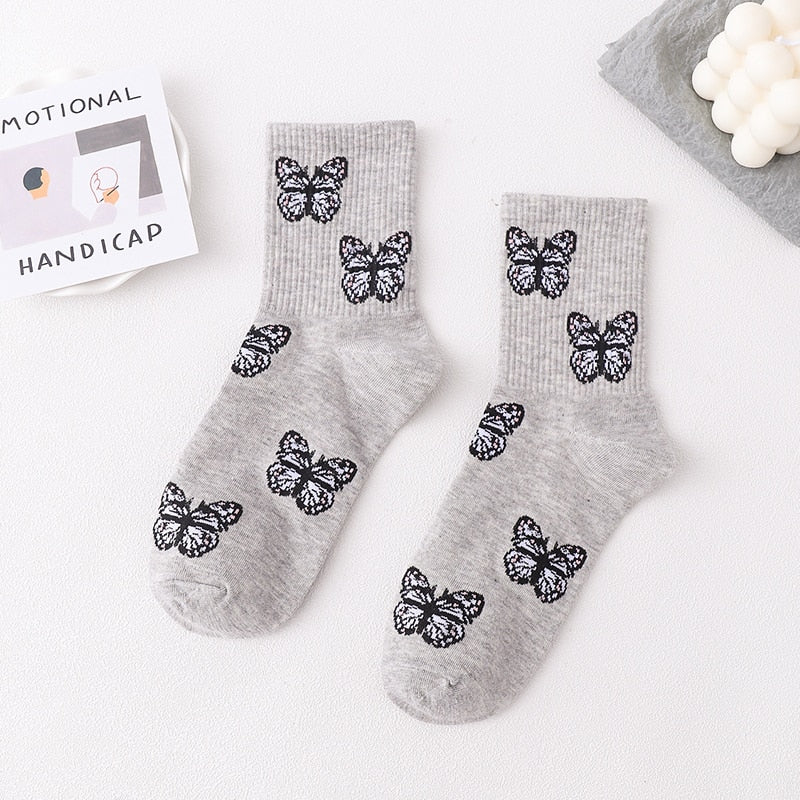 New Butterfly Socks Donna Streetwear Harajuku Crew Kawaii Stripe Fashion Caviglia Funny Cotton Espressione ricamata