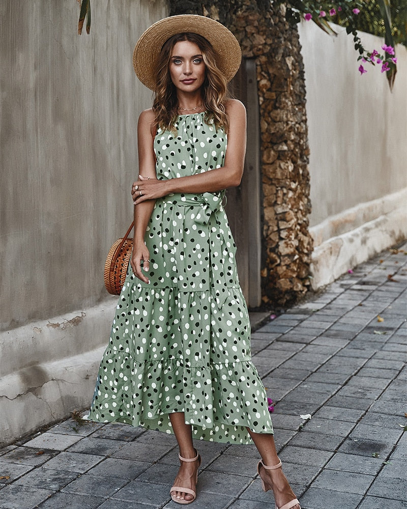 Prodotti Deenor The New WOMEN Summer Polka Dot Sling Holiday Casual Dress Alla moda senza maniche Bohemian alla caviglia