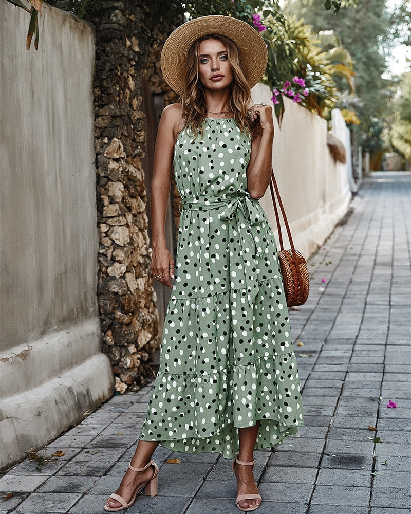 Prodotti Deenor The New WOMEN Summer Polka Dot Sling Holiday Casual Dress Alla moda senza maniche Bohemian alla caviglia