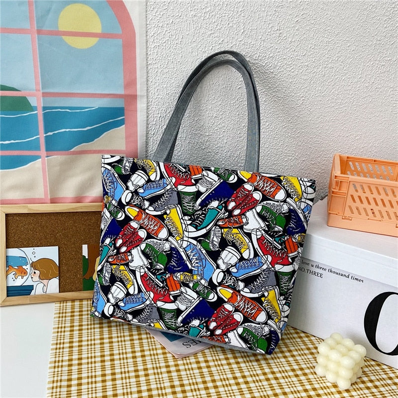 Prodotti Moda pieghevole da donna borsa a mano di grandi dimensioni borsa da donna casual fiore stampa tela Graffiti borsa a tracolla spiaggia Bolsa Feminina