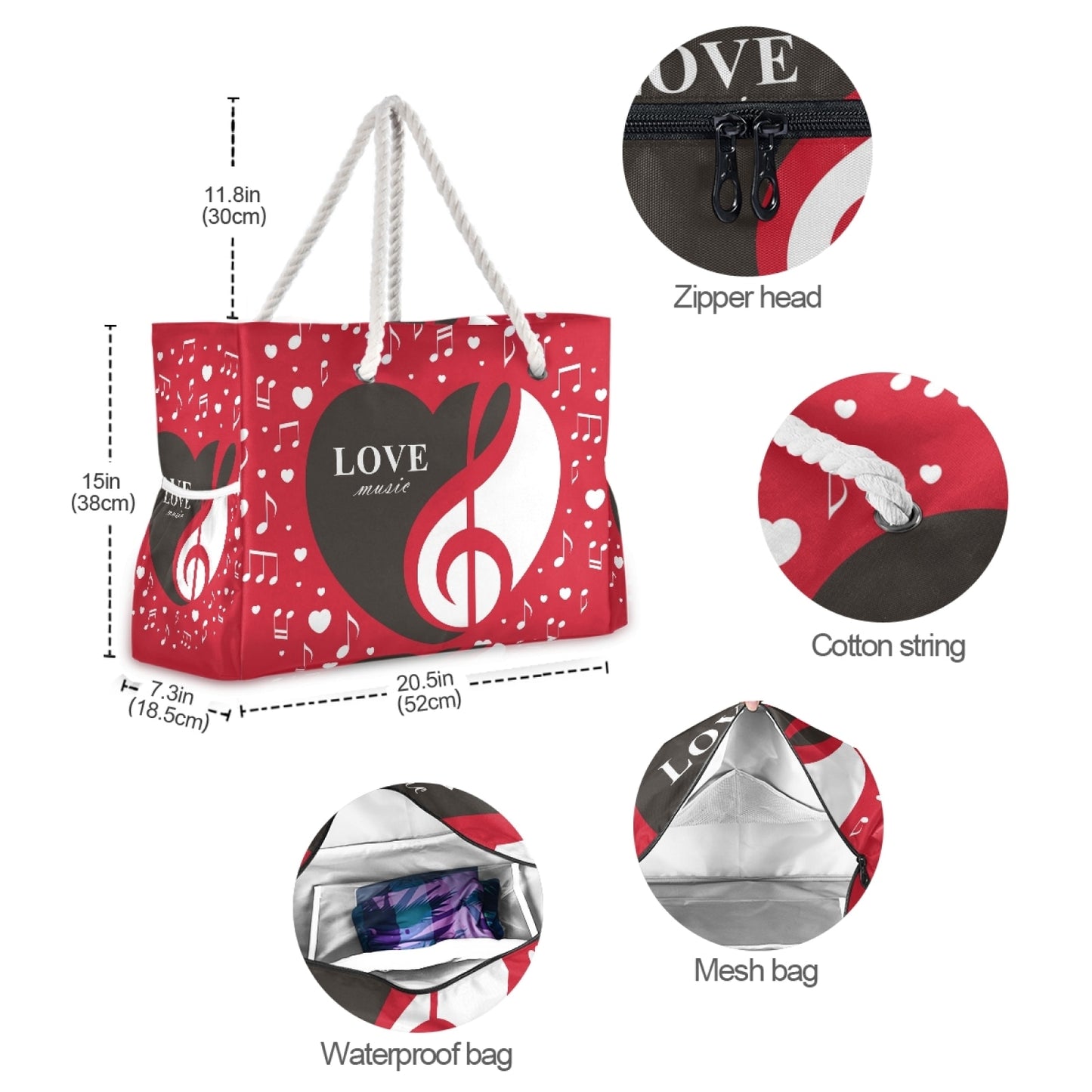 Prodotti Nuova borsa a tracolla in nylon per donna Ragazza Note musicali Cuore San Valentino Borse da donna rosse Borse da viaggio Borsa da spiaggia da donna