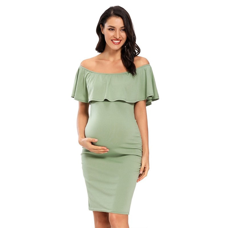 Liu&Qu Abito premaman da donna con spalle scoperte Abito aderente senza maniche con volant Elegante abito aderente con increspature laterali per baby shower