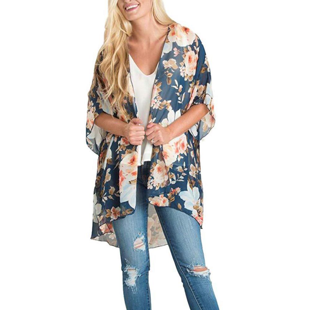 Prodotti Cappotto da donna anti-UV con stampa floreale leopardata a mezza manica con scialle in chiffon Kimono Beach Cardigan Bikini Cover Up Wrap Beachwear