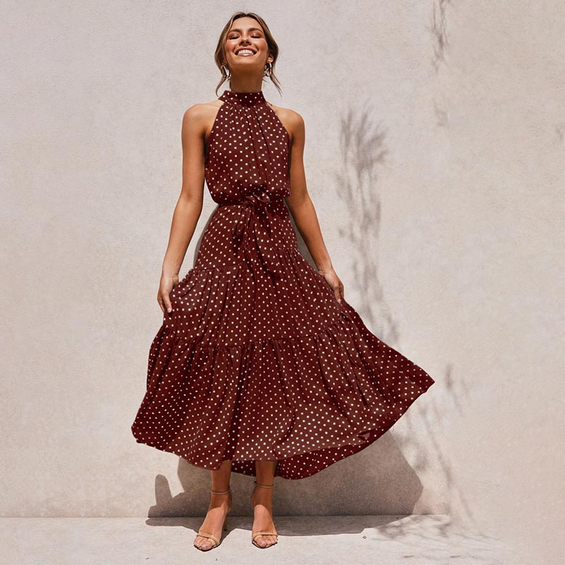 OUSLEE Summer Casual Long Dress Boho Style Halter Polka Dot Abiti Donna Elegante Party Print Maxi Abiti Donna Abiti Mujer