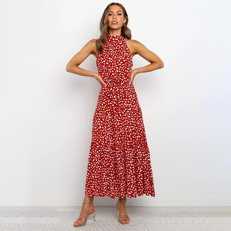 OUSLEE Summer Casual Long Dress Boho Style Halter Polka Dot Abiti Donna Elegante Party Print Maxi Abiti Donna Abiti Mujer