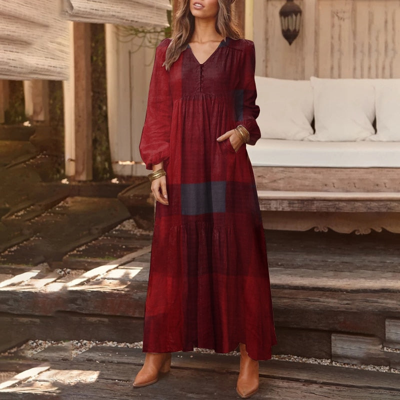 Abito camicia bohemien Maxi vestito estivo da donna ZANZEA 2023 Primavera elegante casual con scollo a V Ruflle Vestido Abito da donna a maniche lunghe